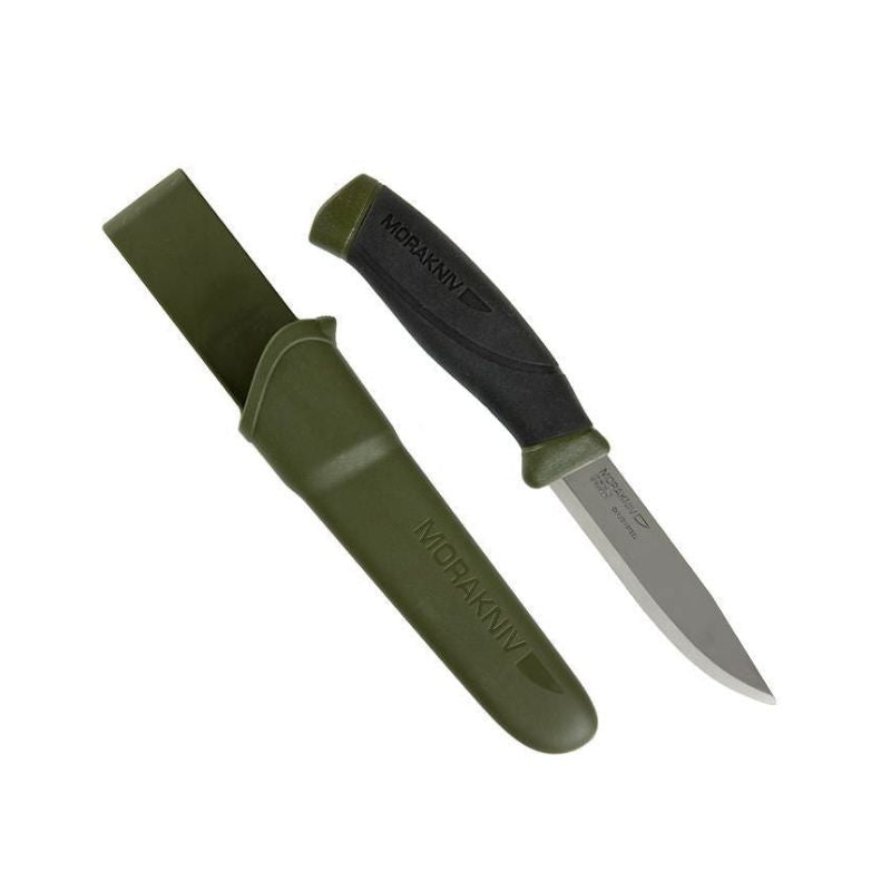 Morakniv Companion Heavy Duty OD Green fixed blade knife with sheath, premium bushcraft gear, custom kit builds, A Way Through the Wilderness