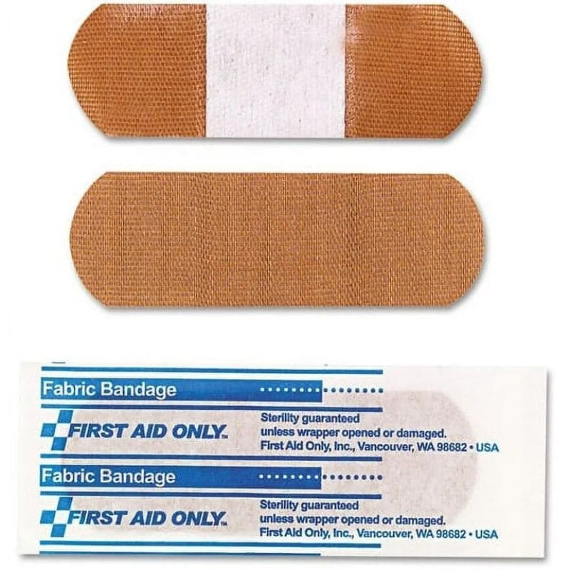 Two fabric bandages with a First Aid Only packaging label on a white background.