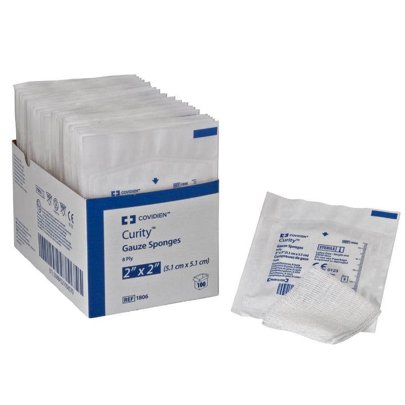 Curity gauze sponges packaging with a single sponge on a white background