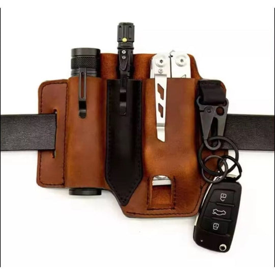 CestAntiQ Leather EDC Belt Pouch - Multi-Tool Holder For Flashlight, Pen, Keys (Brown)