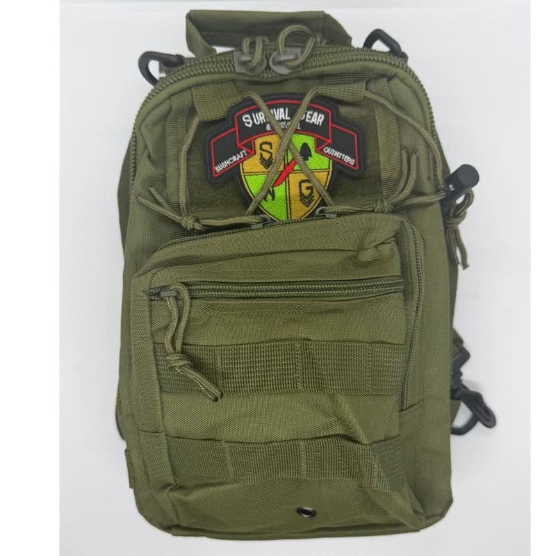 Green backpack with a visible brand logo on a white background