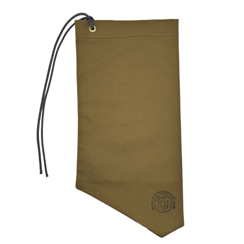 A brown canvas water filter bag with a drawstring closure, suspension loop, and a branded label at the bottom.