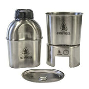 Pathfinder brand canteen cooking set including a wide-mouth stainless steel canteen, a nesting cup, and a canteen lid, all displayed on a white background.