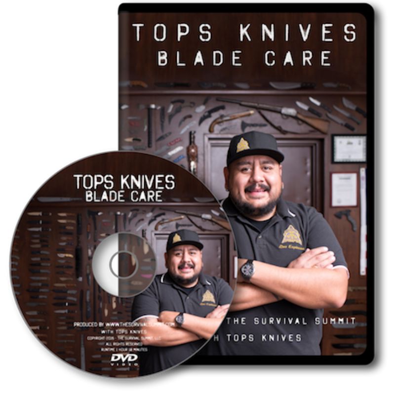 DVD cover for 'Tops Knives Blade Care' with a person in a black shirt and cap in front of a wooden wall.