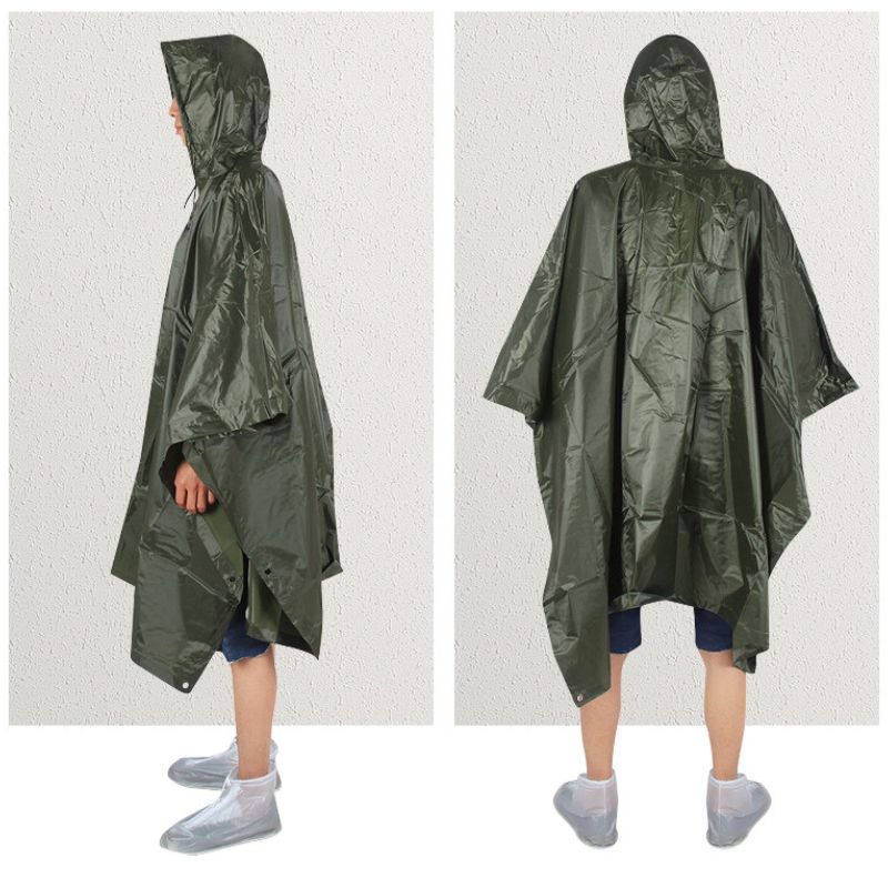 Green rain poncho shown from front and back on a plain background