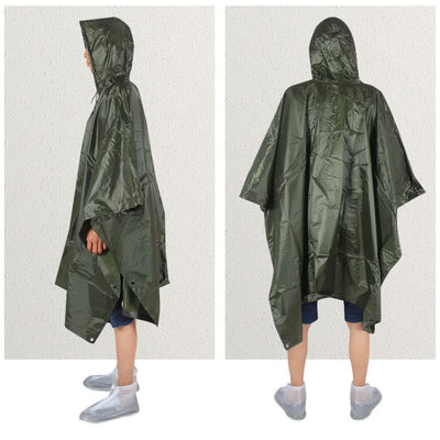 Green rain poncho shown from front and back on a plain background