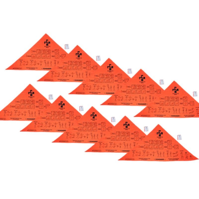 Set of 10 orange triangular bandanas with measurements on a white background