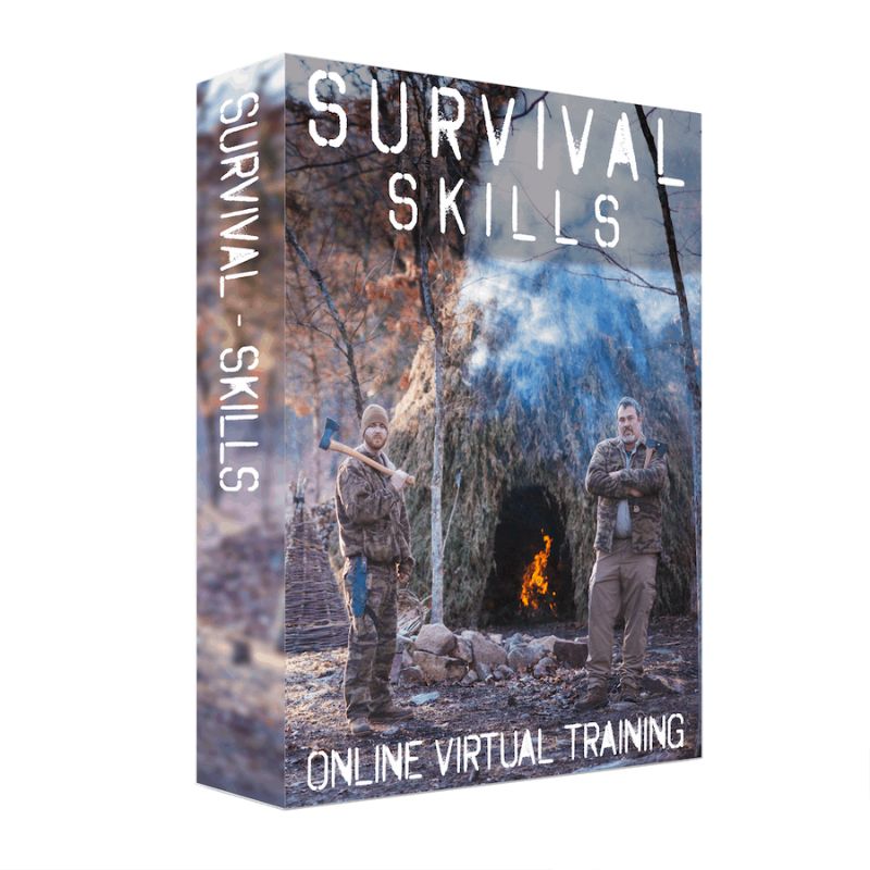 Survival Skills DVD cover featuring two men by a smoky shelter with fire, showcasing outdoor survival techniques.