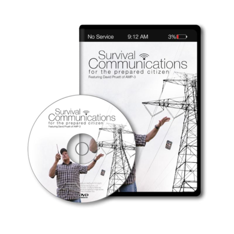 Survival Communications DVD or USB showing man using radio near power lines, embodying A Way Through the Wilderness ethos