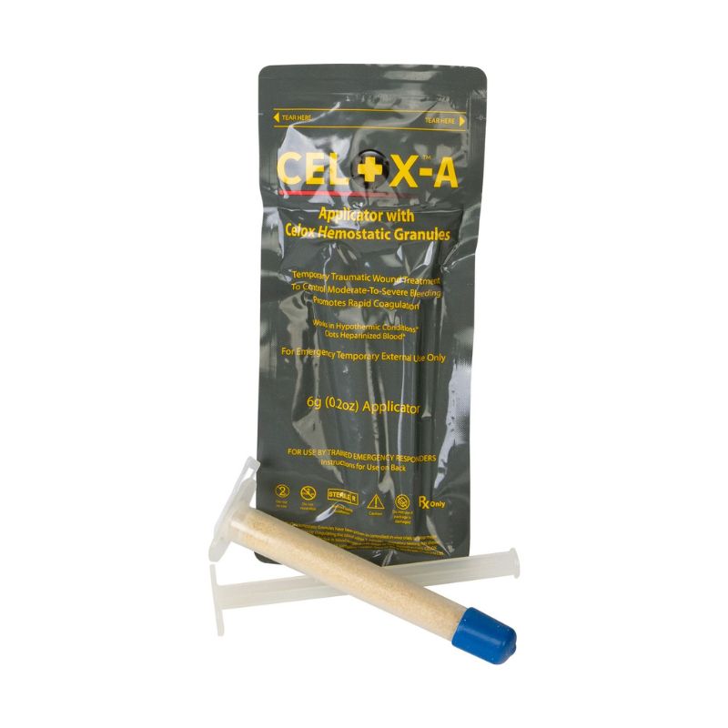A package of North American Rescue Celox-A Hemostatic Agent with a visible applicator and granules.