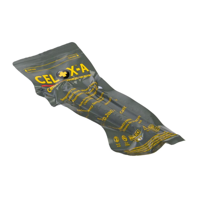 A package of North American Rescue Celox-A Hemostatic Agent laying flat with white background.