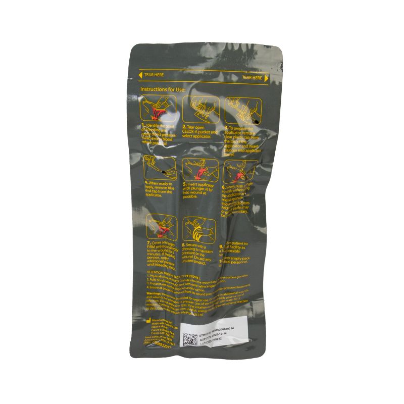 Backside of a package of North American Rescue Celox-A Hemostatic Agent.