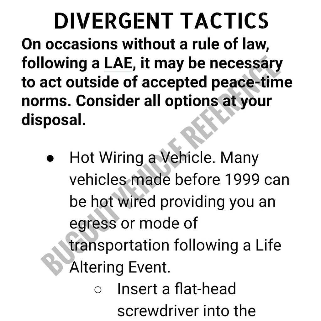 Bugout Vehicle Reference - Vehicular Prepping and Operation